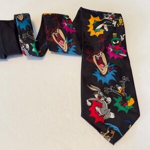 Vintage 1993 Looney Tunes Mania Character Print Black Polyester Necktie 90s WB